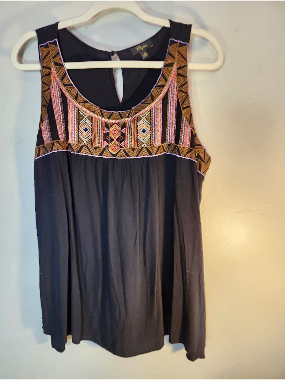 Cupio Boho Embroidered Black Sleeveless Top Sz XL